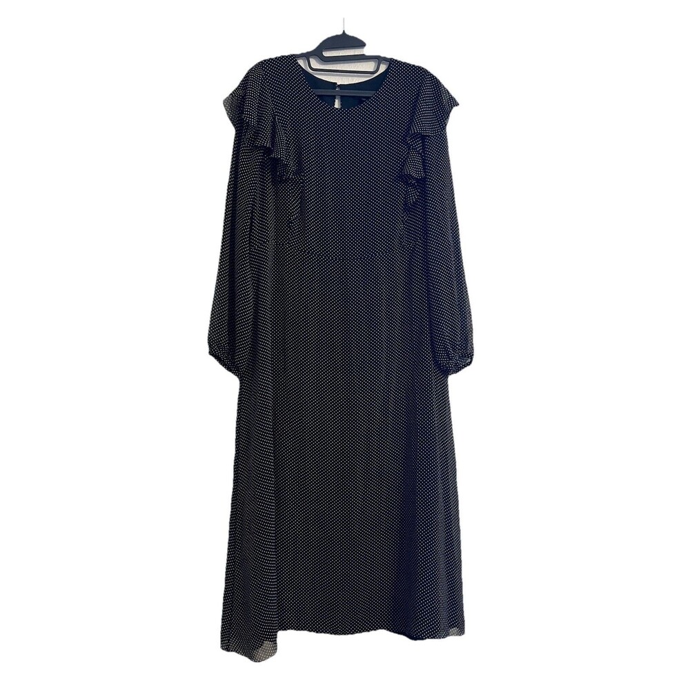 Who What Wear Black Polka Dot Midi Dress Size XL Ruffles Sheer Long Sleeve LBD